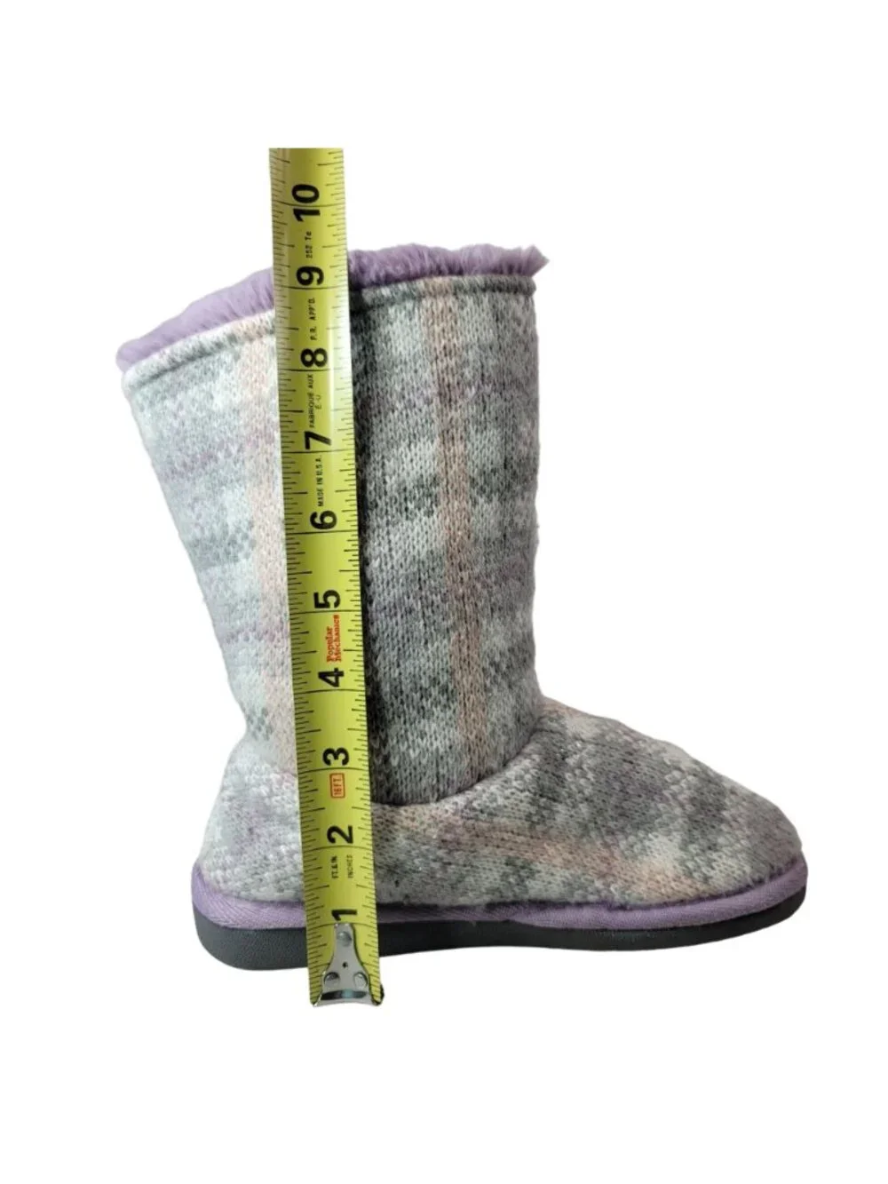 Muk Luks Girls Malena Sweater Knit Boots Purple Gray Size 2 Plaid Mid Height